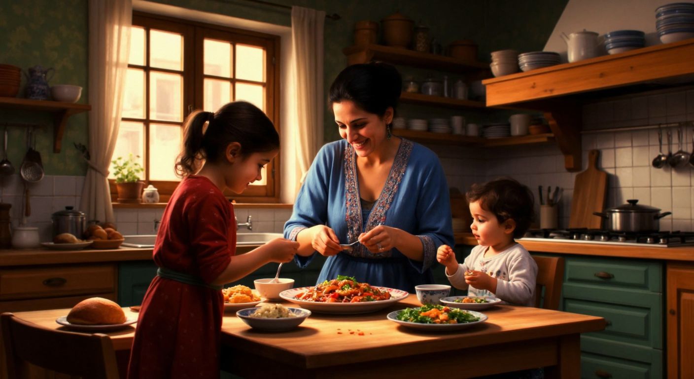 A warm Turkish kitchen with a wooden table set with a colorful plate of food, where a smiling mother gently offers a spoonful to her hesitant child while a younger sibling watches curiously.
