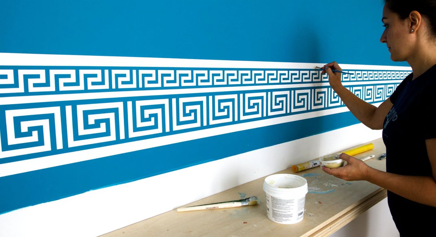 A person carefully painting an intricate Ancient Greek-style border pattern onto a clean, dry wall using a stencil, with a small pot of paint and a brush nearby.