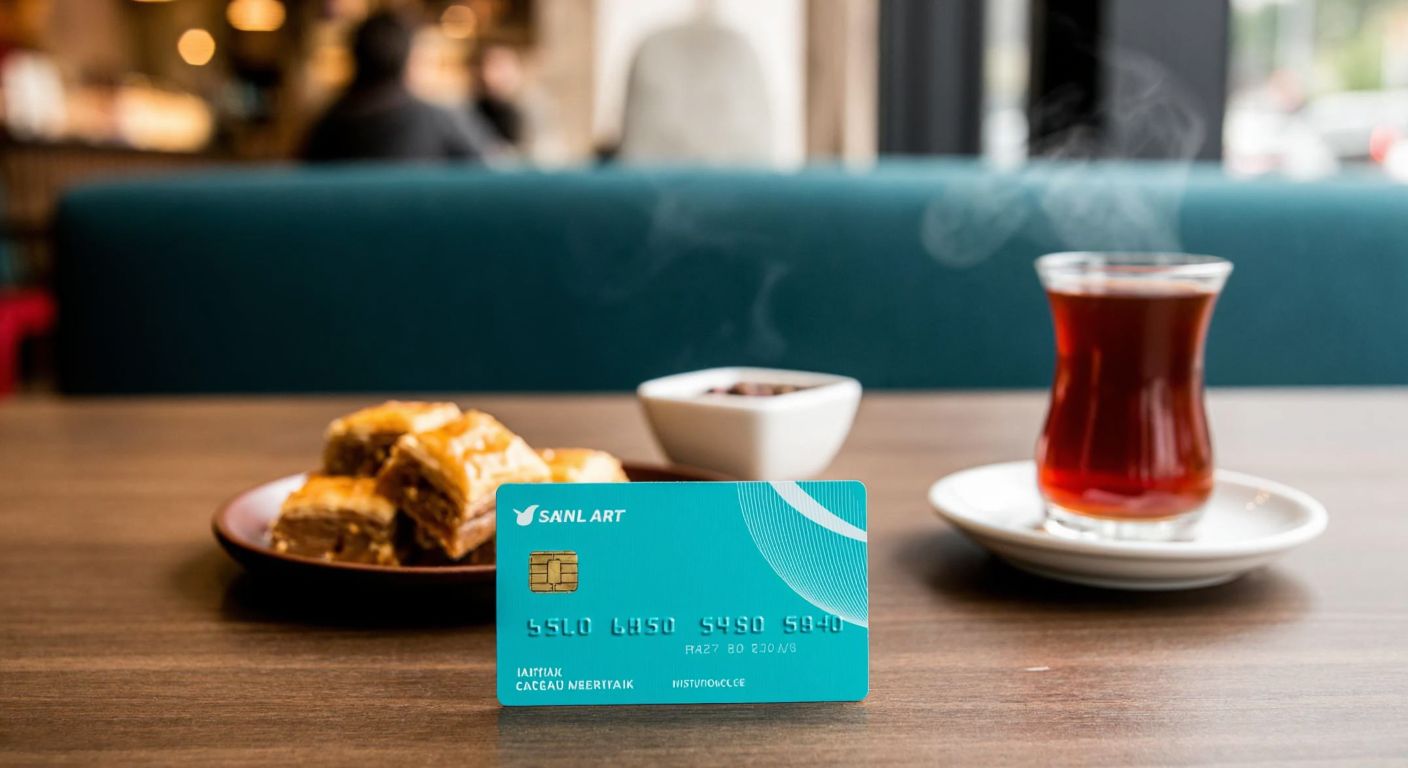A modern turquoise-colored bank card with a sleek design rests on a wooden table in a cozy Turkish café, next to a steaming cup of Turkish tea and a small plate of baklava.