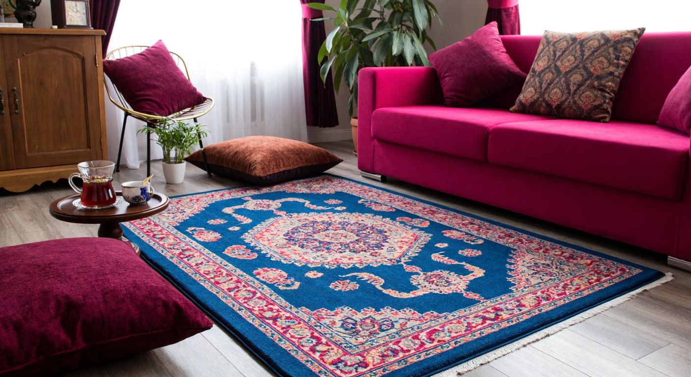 A vibrant Turkish living room with a neatly fitted elastic carpet cover over a traditional rug, surrounded by plush cushions and a steaming cup of çay, conveying comfort and practicality.