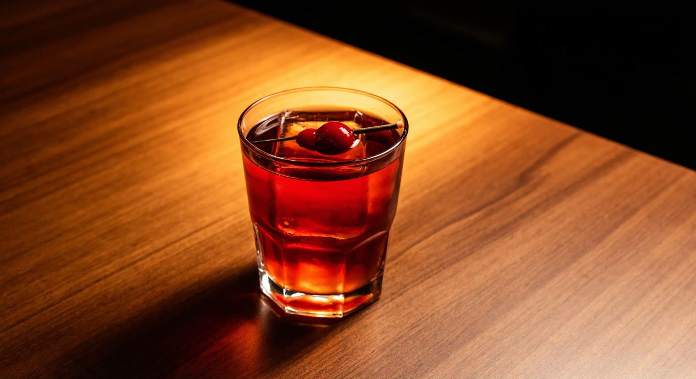 A sleek glass filled with a deep amber Manhattan cocktail, garnished with a maraschino cherry, resting on a polished wooden bar under warm, dim lighting.
