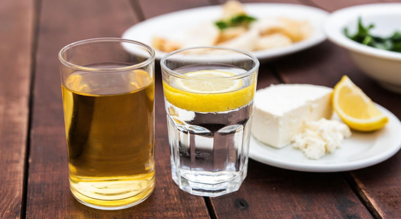 A clear glass of golden rakı sits beside an equal-sized glass of water on a rustic wooden table, with a lemon slice and a small plate of white cheese in the background, evoking a traditional Turkish meze setting.