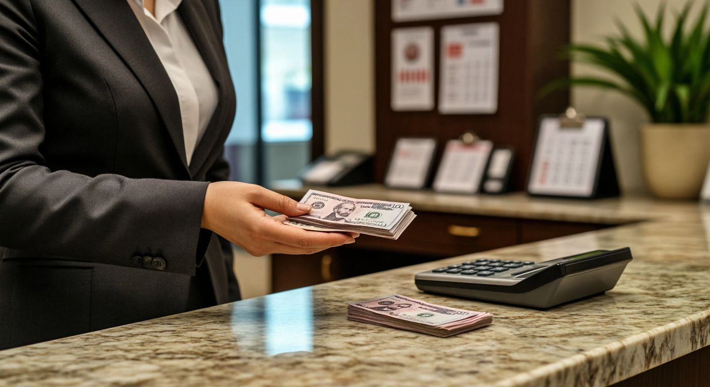 A Turkish bank teller in a crisp uniform hands a customer a small stack of lira bills over a marble counter, with a digital calculator discreetly placed nearby and a calendar on the wall blurred in the background.