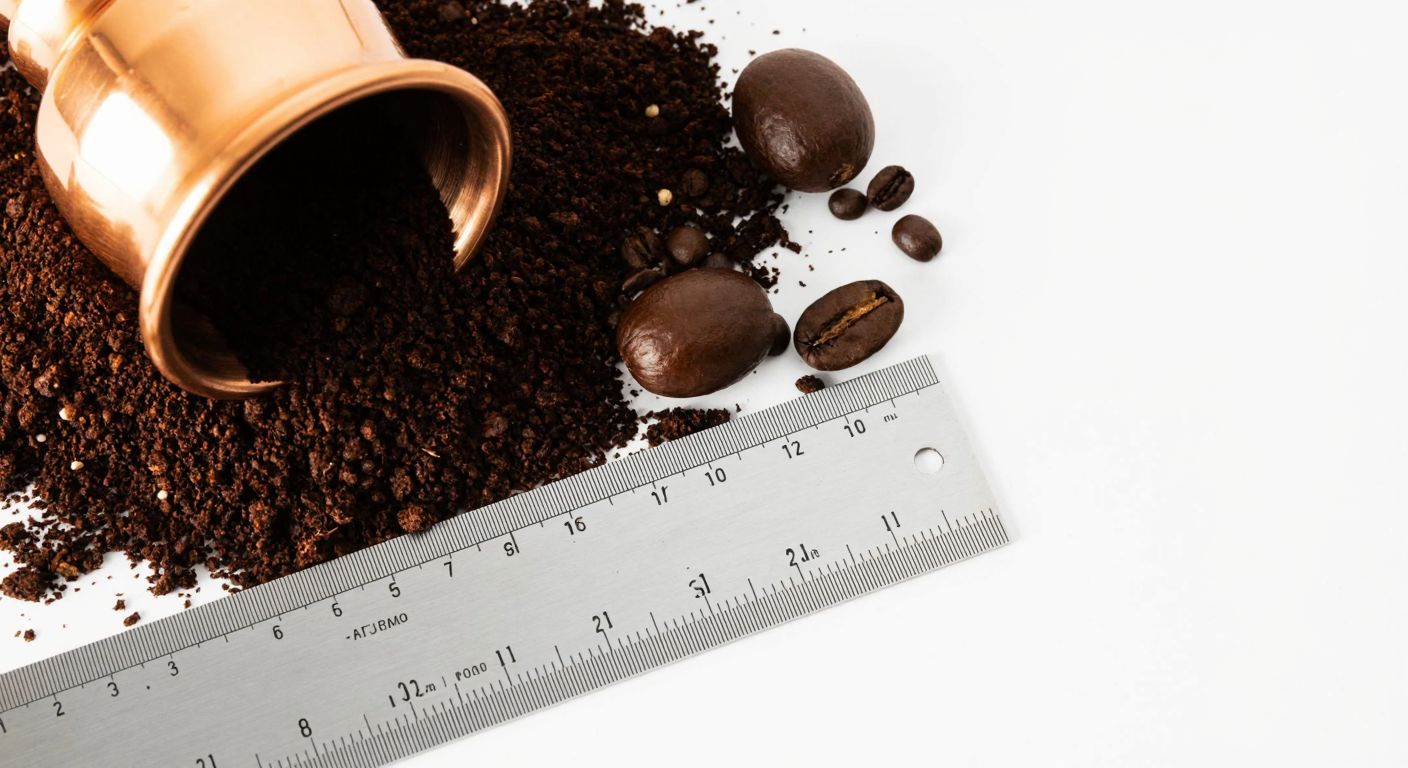 A close-up of a Turkish coffee grinder surrounded by scattered coffee grounds of varying sizes, with a precise metal ruler laid beside them to measure the particles.