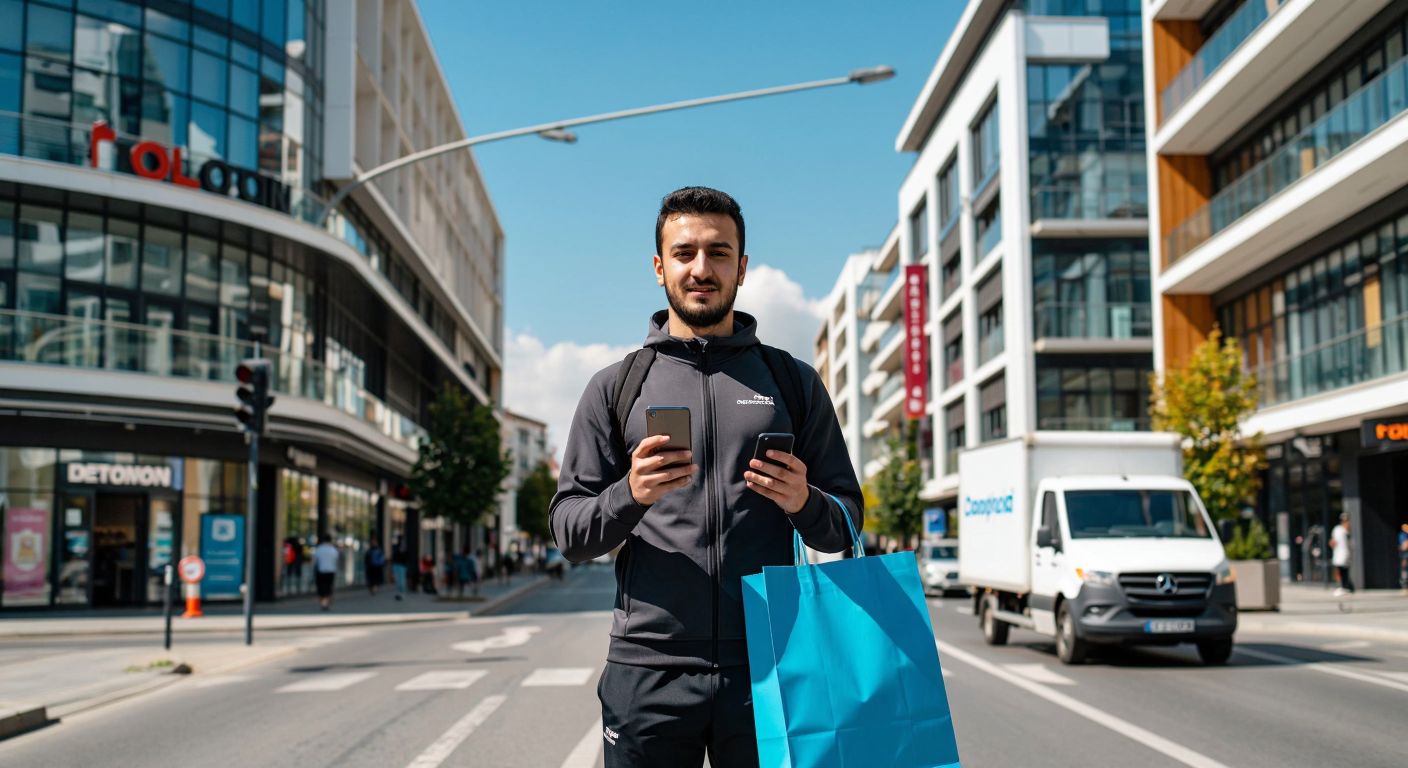 A Turkish shopper in sportswear stands at a crossroads, holding a Decathlon shopping bag in one hand and a smartphone displaying mixed customer reviews in the other, with a backdrop of a modern shopping mall and a delivery truck driving away.  

*(Note: While the description mentions a smartphone displaying reviews, it does not depict any actual text or symbols, adhering to the guidelines.)*