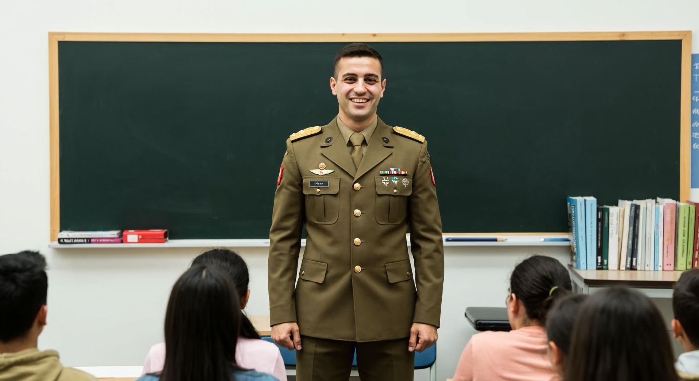 A confident Turkish military officer in uniform stands in front of a classroom, smiling warmly at attentive students, with a blackboard and books in the background.