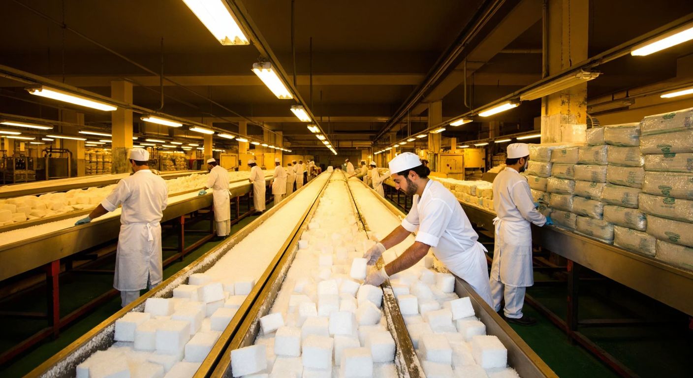 A bustling sugar factory in Turkey with workers in white uniforms inspecting sugar cubes on a conveyor belt, surrounded by stacks of packaged sugar bags under warm industrial lighting.