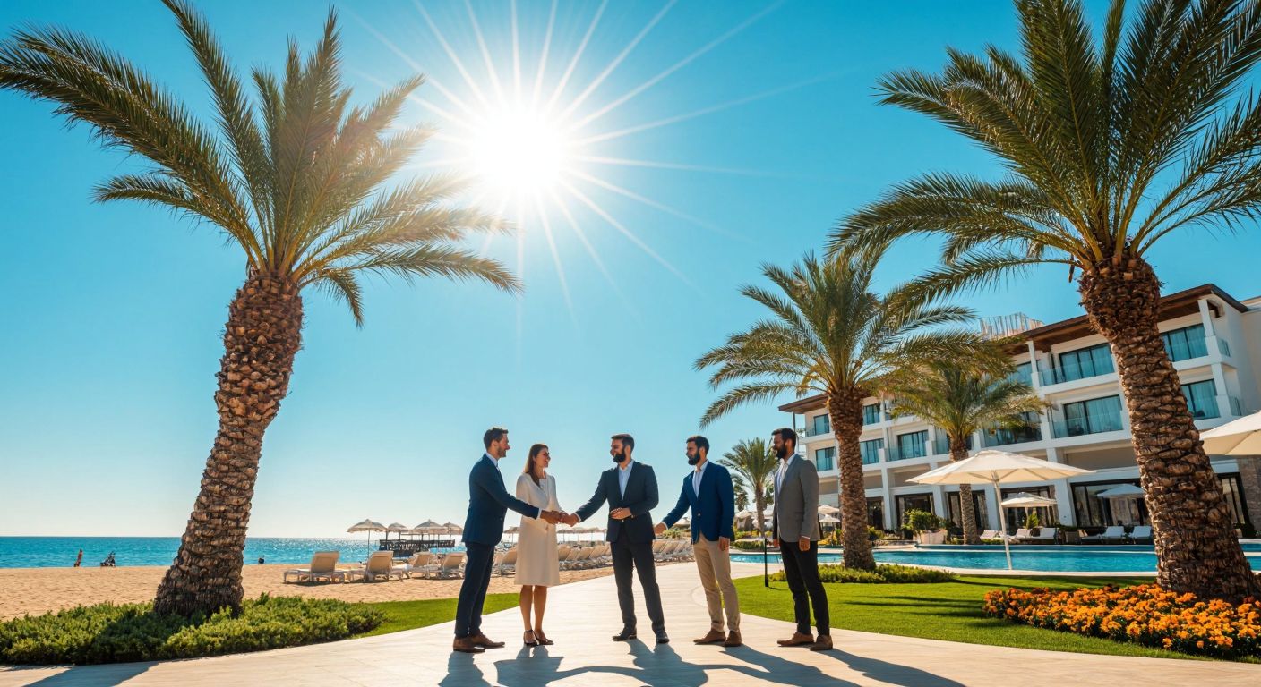 A luxurious beachfront resort in Belek under a bright sun, with a group of diverse executives shaking hands near a palm tree, symbolizing the ownership transfer to TUI.
