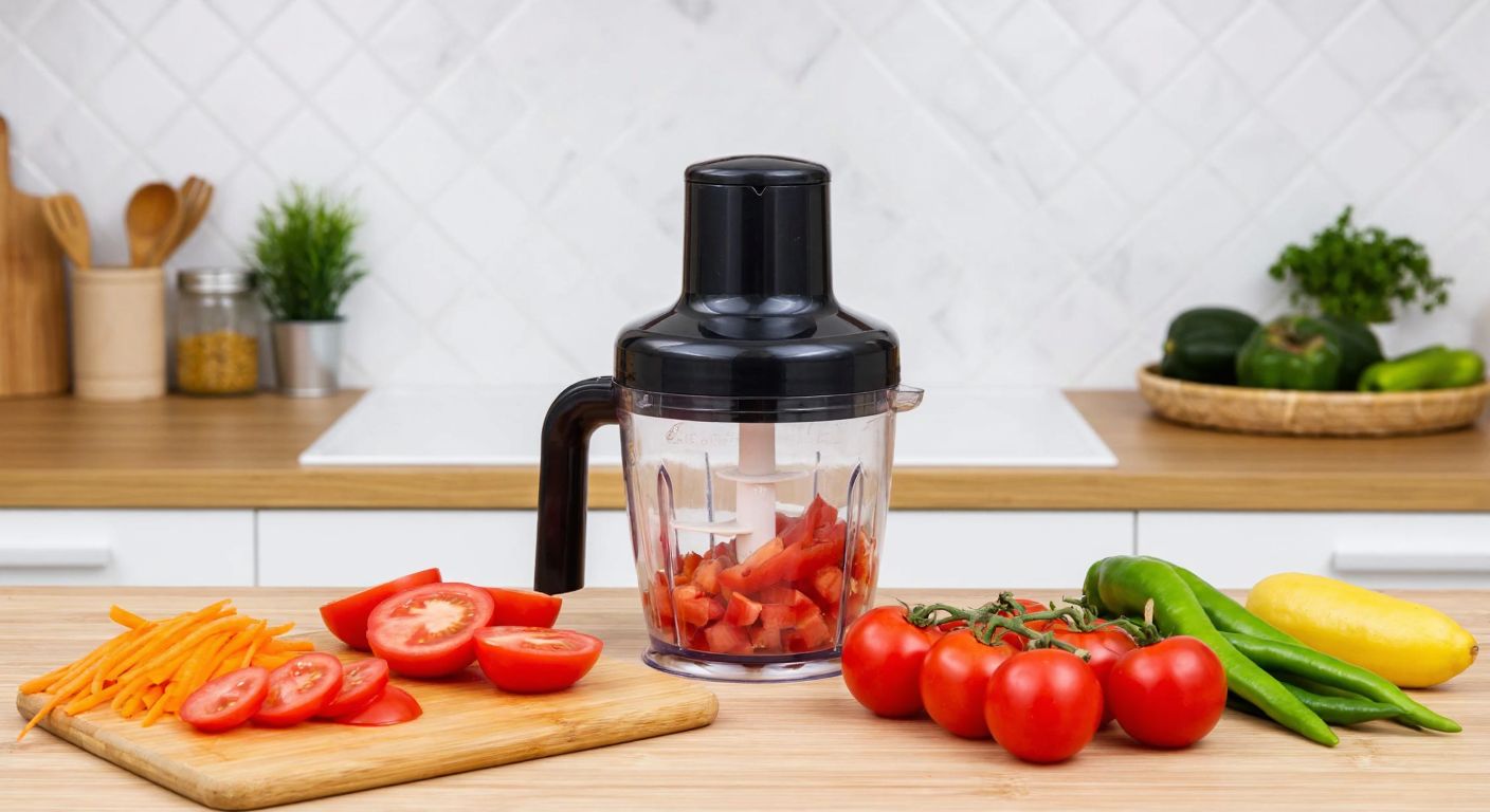 A Turkish kitchen counter with a manual chopper (doğrayıcı) next to an electric food processor (rondo), both surrounded by freshly chopped vegetables like tomatoes and peppers.