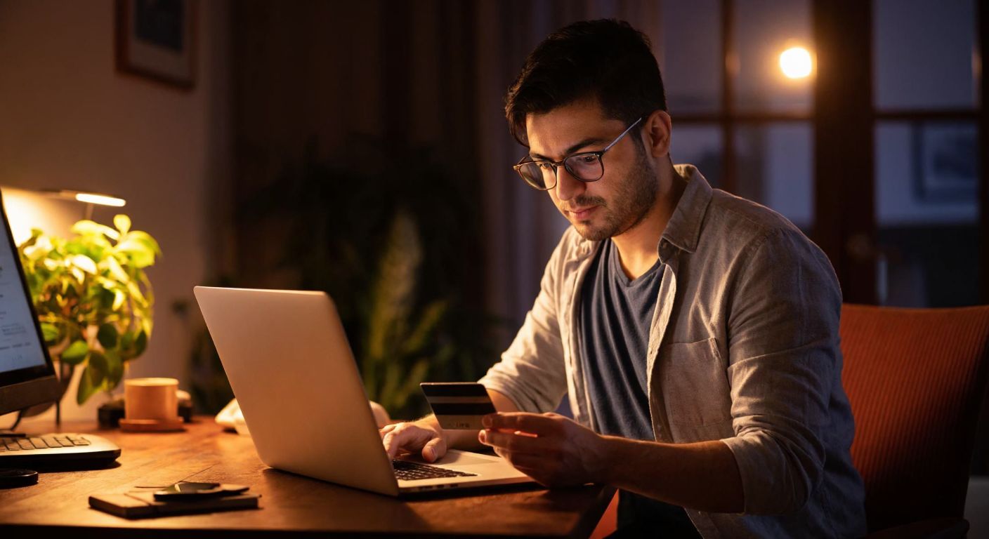 A focused Turkish individual in a cozy home setting, wearing glasses and sitting at a wooden desk with a laptop open, carefully reviewing a financial transaction on the screen while holding a credit card, with warm lighting reflecting their determined expression.