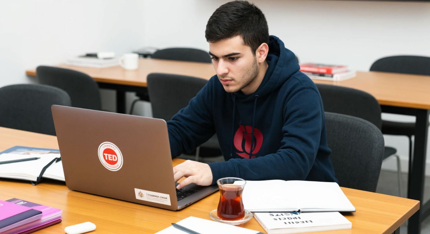 A young Turkish student in a university hoodie sits at a wooden desk, intently typing on a laptop with a TEDU logo sticker, surrounded by scattered notebooks and a steaming cup of Turkish tea.