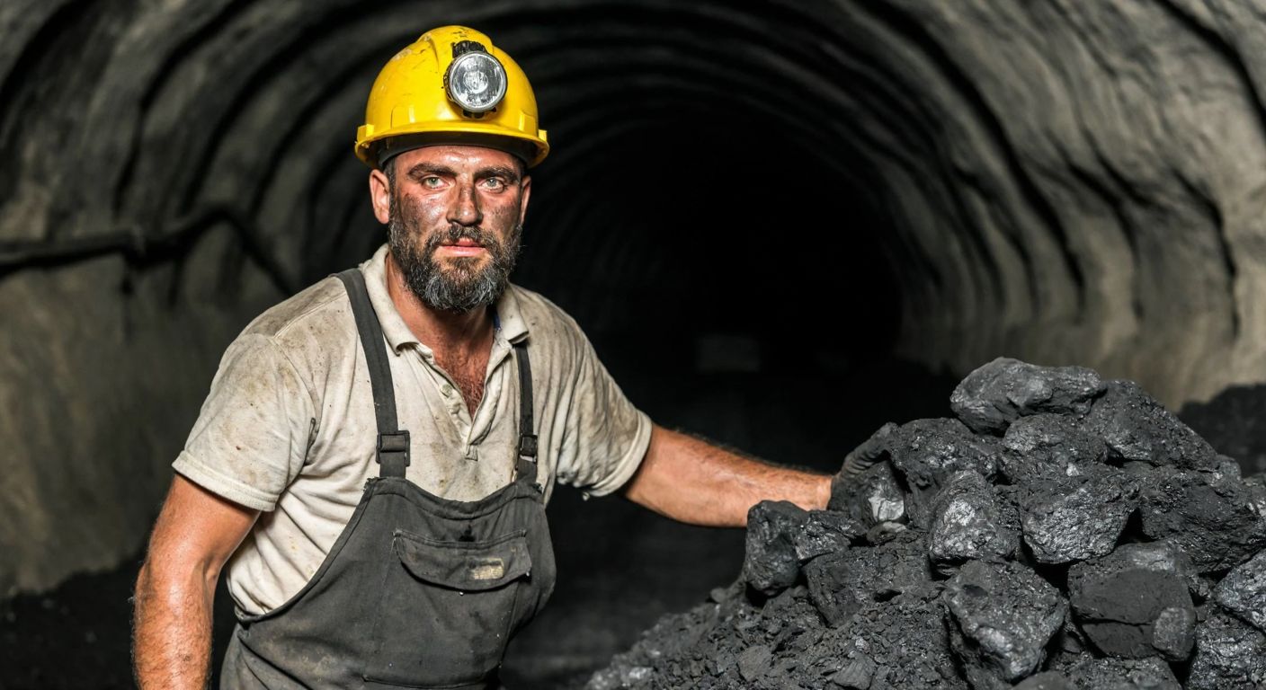 A rugged coal miner in a dimly lit underground tunnel, wearing a hard hat and covered in dust, with a pile of freshly extracted coal beside him, symbolizing labor and energy production in Turkey.