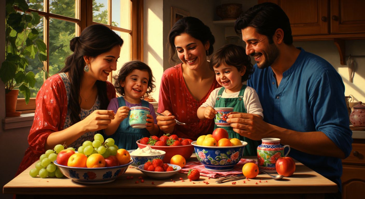 A vibrant Turkish family happily sharing colorful bowls of Trix yogurt at a sunlit kitchen table, with fresh fruits and a glass of milk nearby, conveying health and nostalgia.