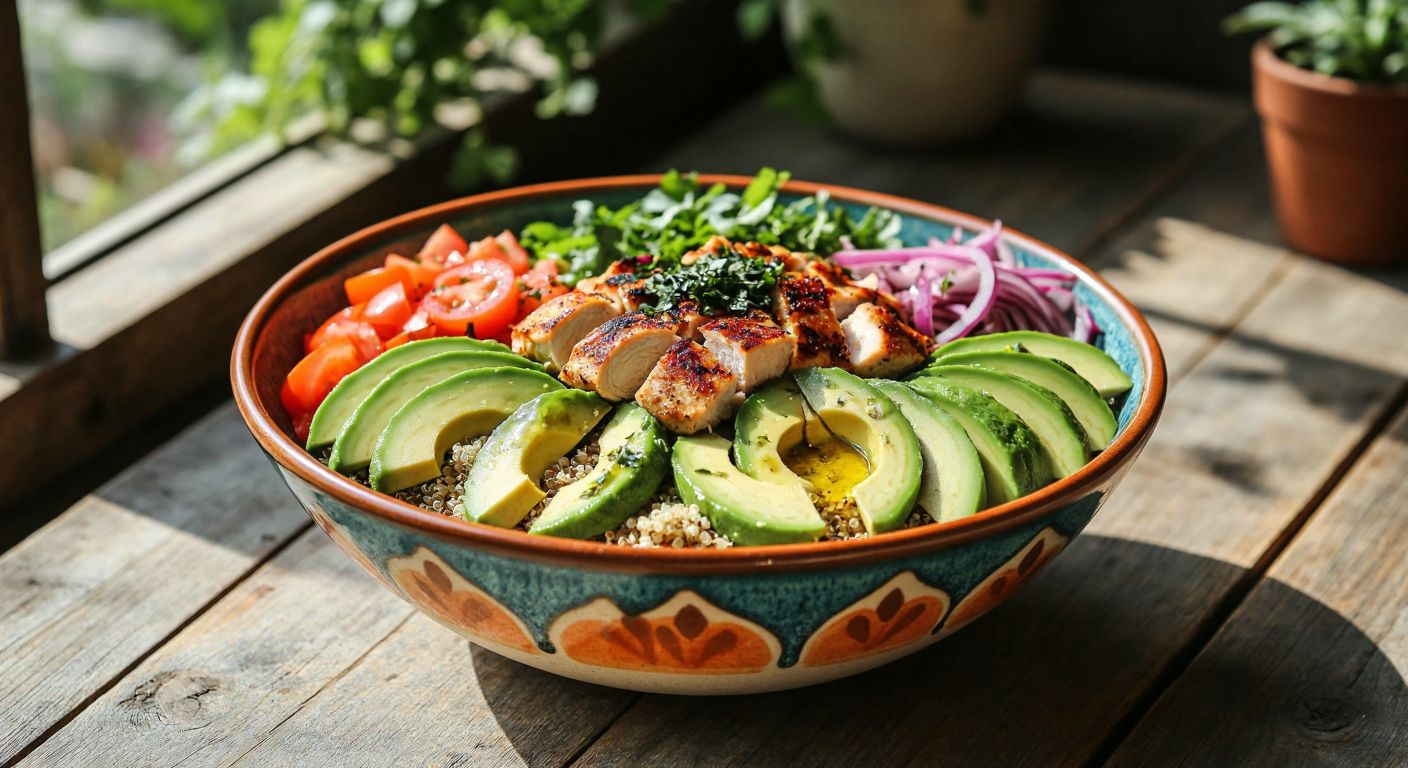A vibrant ceramic bowl filled with colorful layers of fresh vegetables, grilled chicken, quinoa, avocado slices, and a drizzle of olive oil, placed on a rustic wooden table in a sunlit Turkish kitchen.