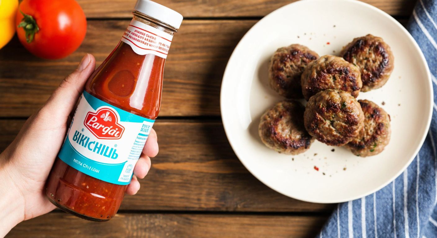 A hand holding an unopened ketchup bottle with a faded label, placed on a rustic wooden kitchen counter next to a plate of freshly grilled köfte, with a concerned yet hopeful expression on the person's face.