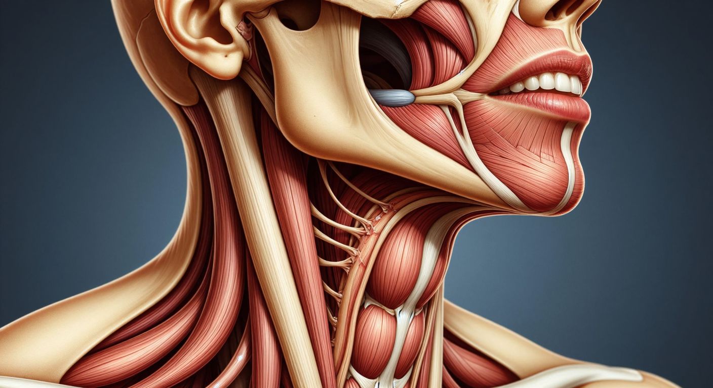 A detailed anatomical illustration of the human throat, highlighting layered conical constrictor muscles, stylopharyngeus fibers stretching from neighboring structures, and the intricate interplay of tongue and soft palate muscles in neutral tones.