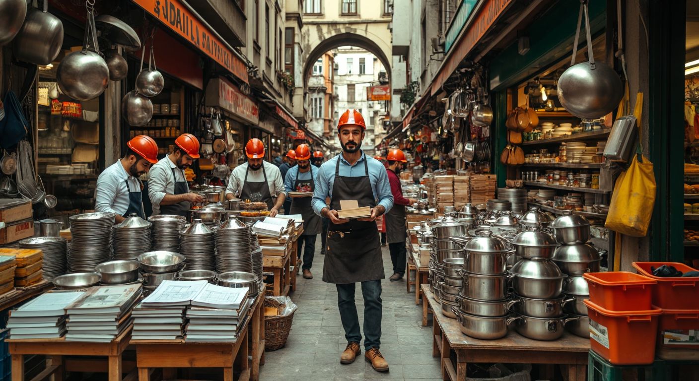 A bustling Istanbul marketplace with stacks of gleaming kitchenware, neatly bound books, and a construction site blueprint, surrounded by diverse Turkish workers in aprons, hard hats, and business attire, all exuding pride in their trades.