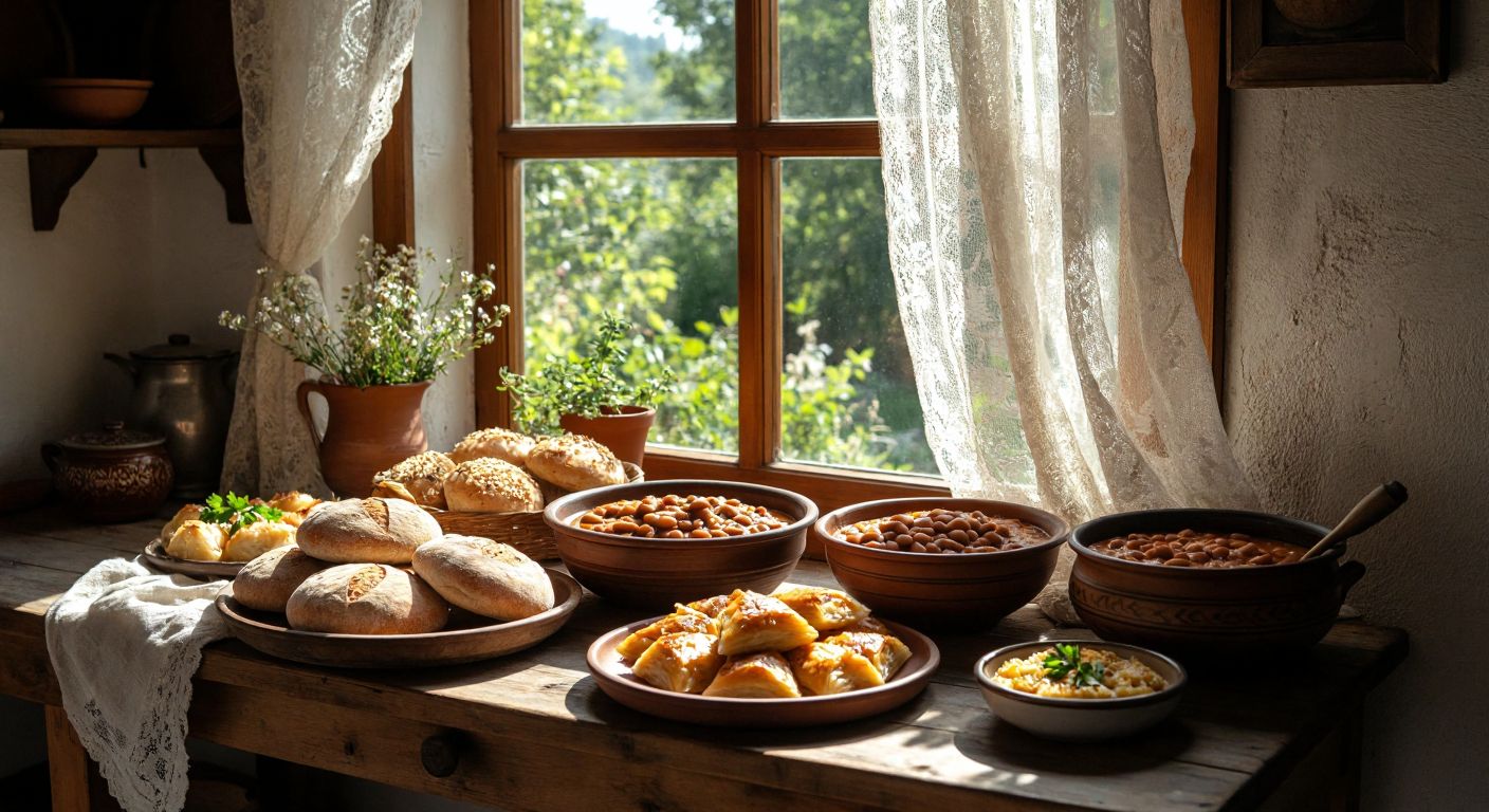 A rustic wooden table in a Turkish kitchen is laden with warm whole-grain bread, a bowl of steaming beans, a plate of golden potato gözleme, and a small dish of baklava, all glowing under soft sunlight filtering through lace curtains.