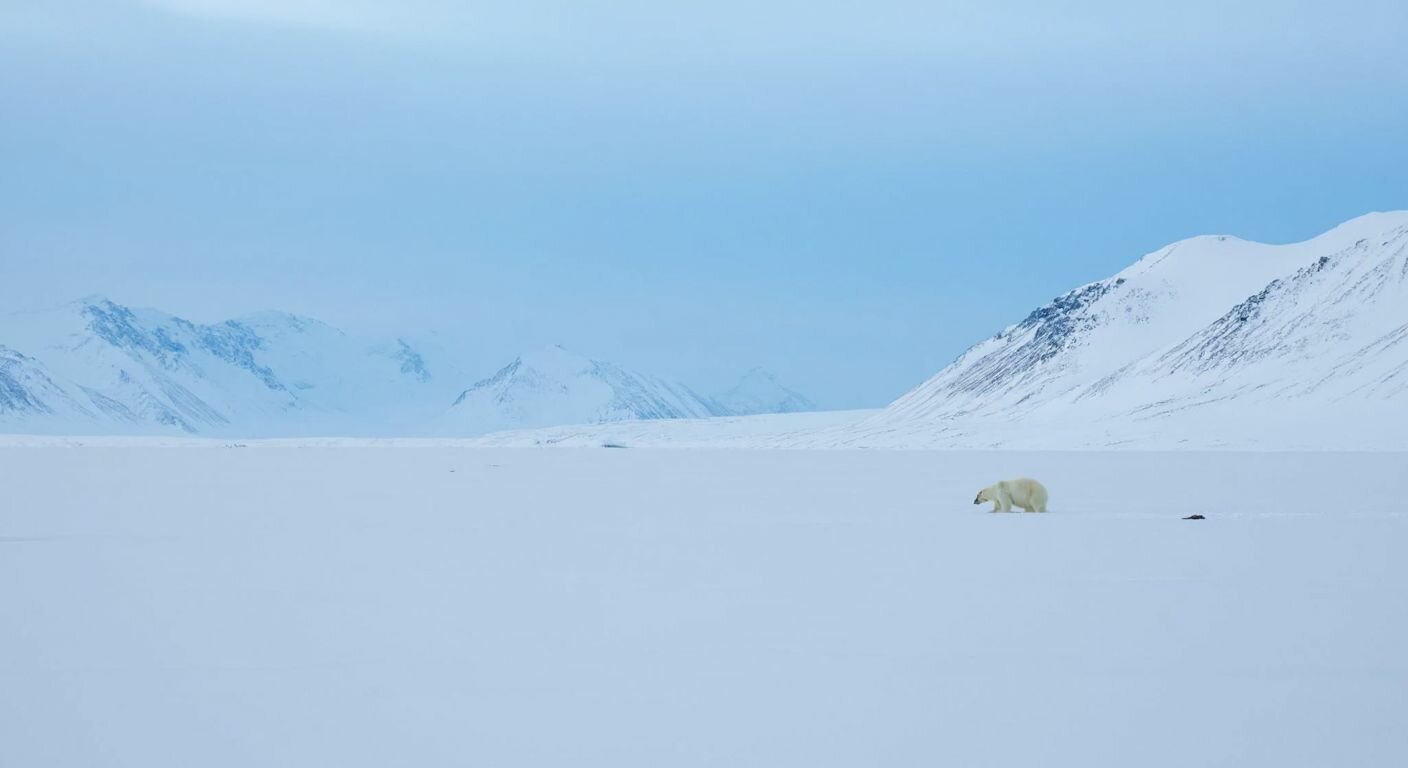 A vast, snow-covered Alaskan tundra under a pale blue sky, with distant icy mountains and a lone polar bear trudging through the deep snow.