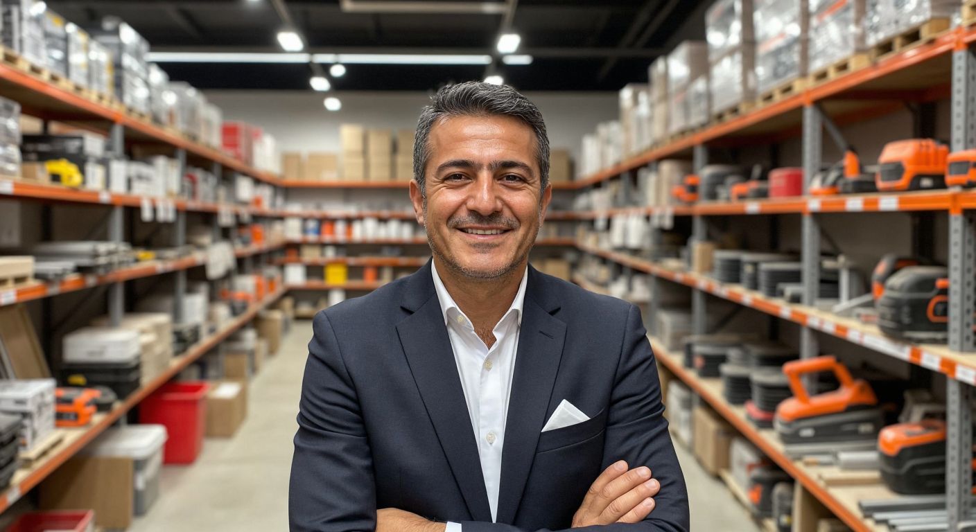 A middle-aged Turkish man with a confident smile, wearing a business suit, standing in front of a well-organized hardware store with shelves filled with tools and construction materials.