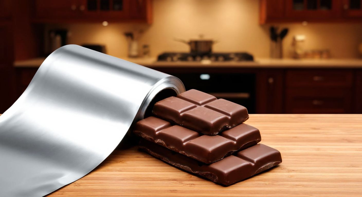 A shiny roll of aluminum foil with a smooth, reflective surface lies next to a stack of rich, dark chocolate bars wrapped in the same foil, resting on a wooden table in a warmly lit Turkish kitchen.