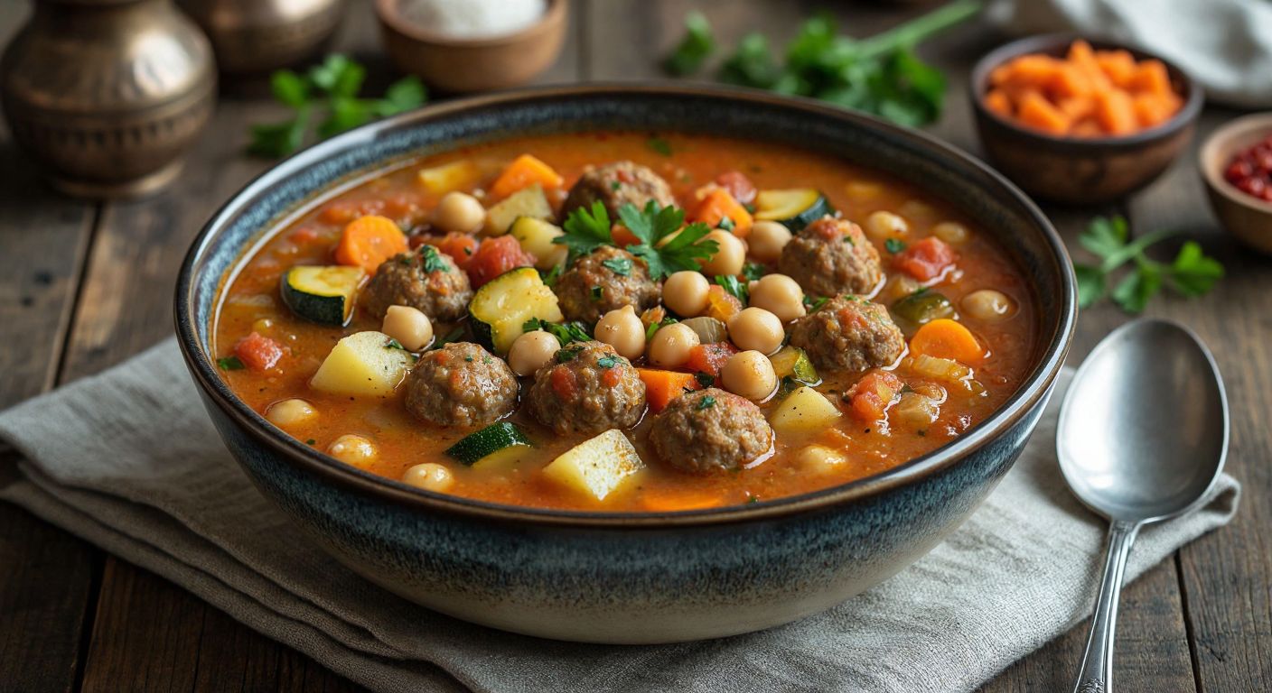 A steaming bowl of Süleymaniye soup, filled with vibrant red lentils, diced carrots, zucchini, potatoes, chickpeas, and small meatballs, sits on a rustic wooden table in a sunlit Ottoman-style kitchen, evoking warmth and nourishment.