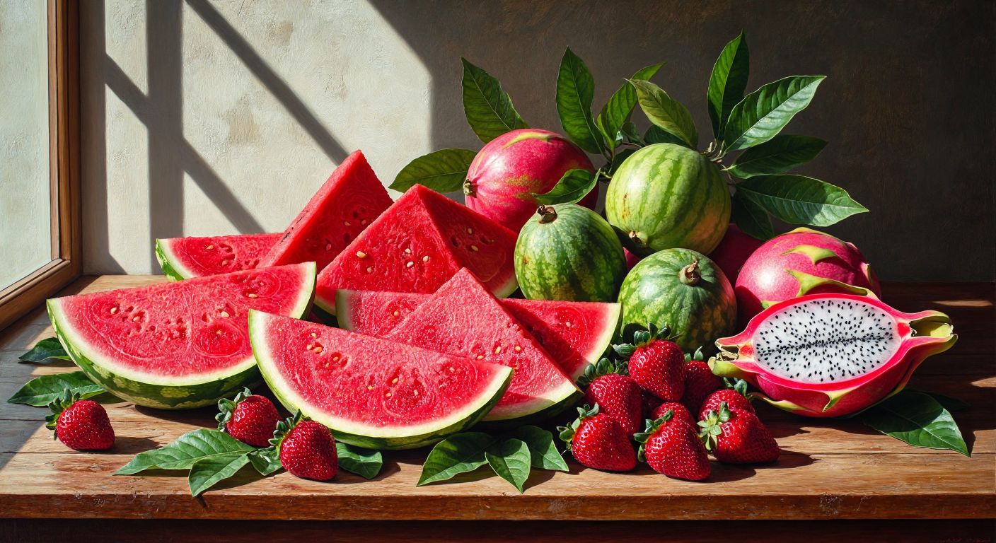 A vibrant wooden table in a sunlit Turkish kitchen displays a colorful assortment of pink fruits—juicy watermelon slices, ripe guavas, plump strawberries, and a halved pitaya with speckled flesh—surrounded by fresh green leaves.