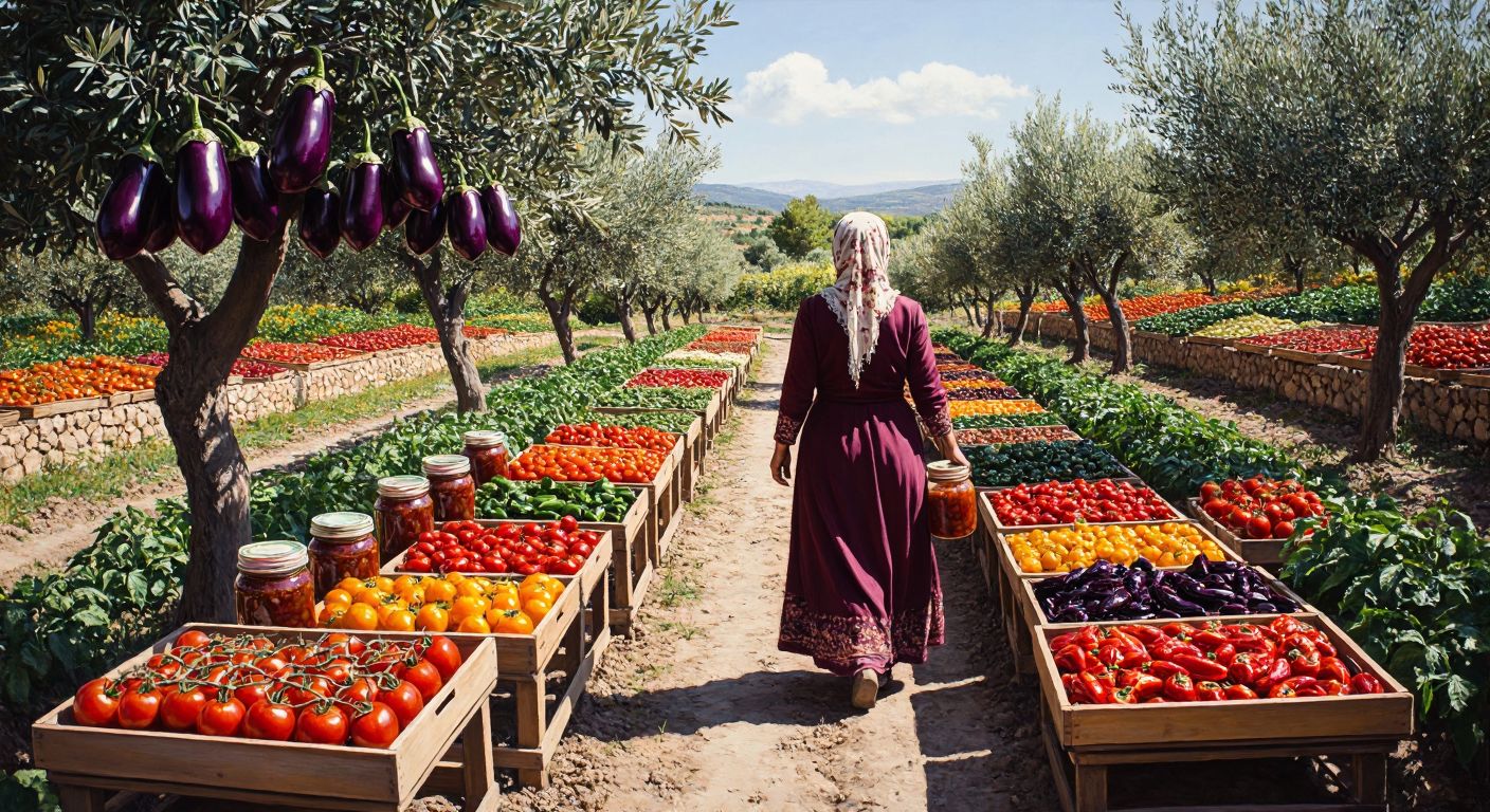 A sunlit Turkish farm with rows of organic vegetables (peppers, tomatoes, eggplants), olive trees, jars of natural vinegar and apple jam, and trays of sun-dried peppers and tomato paste, all tended by a woman in traditional rural clothing.