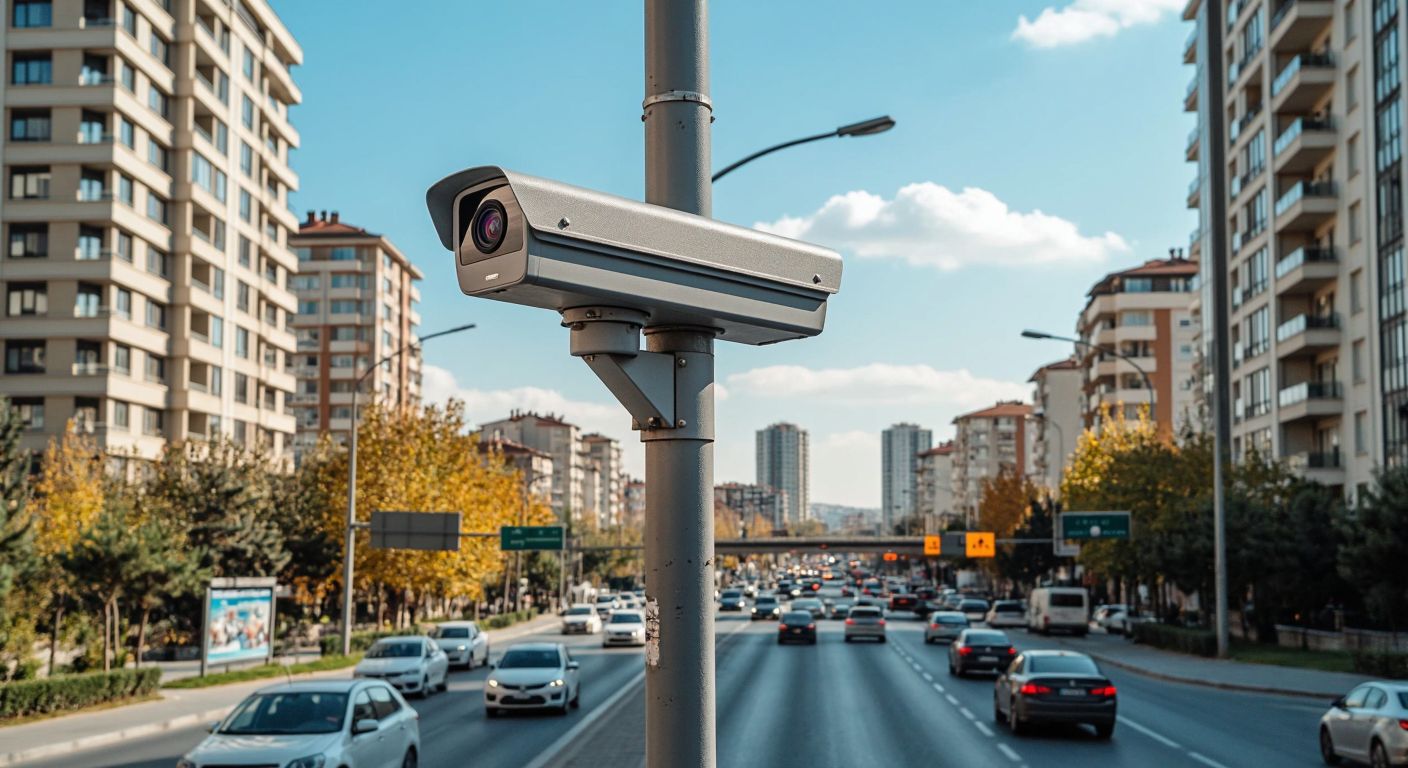 A sleek gray traffic camera mounted on a lamppost overlooking a bustling intersection in Ataşehir, Istanbul, with cars passing below under a bright blue sky.