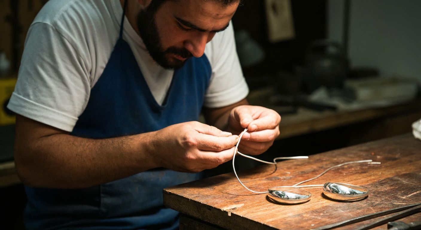 A skilled artisan in a Turkish workshop carefully holds a thin silver welding wire, focusing intently as they prepare to join two gleaming pieces of silver jewelry on a well-worn wooden workbench.
