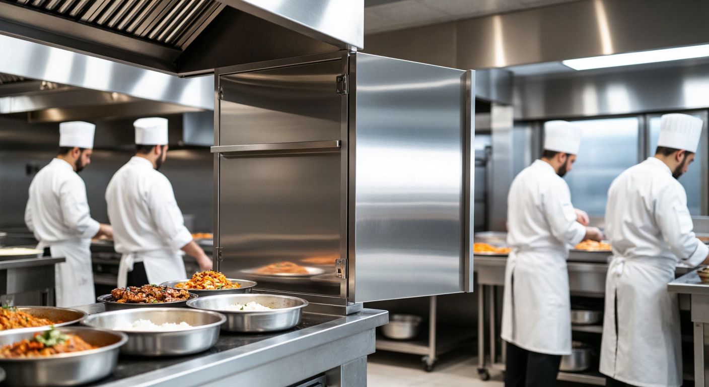 A stainless steel wall cabinet with sliding doors, mounted in a bustling industrial kitchen, surrounded by chefs in white uniforms preparing traditional Turkish dishes.
