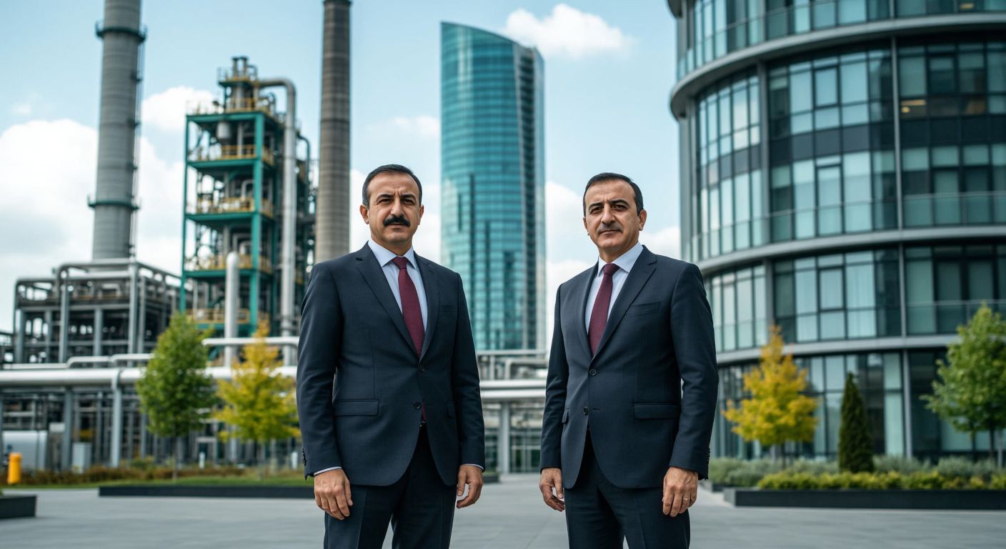 Two distinguished Turkish businessmen in formal suits stand separately in front of their respective corporate headquarters—one with a modern chemical plant backdrop, the other near a sleek financial tower—each exuding confidence but with no interaction between them.