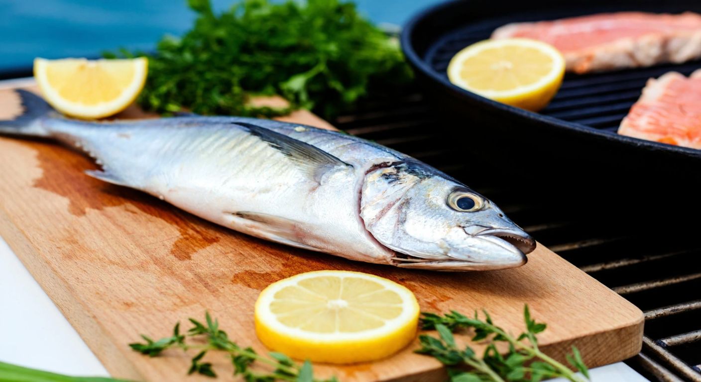 A fresh, small swordfish glistening on a wooden cutting board beside a sizzling grill, with vibrant lemon slices and fresh herbs scattered nearby, evoking the flavors of a coastal Turkish kitchen.