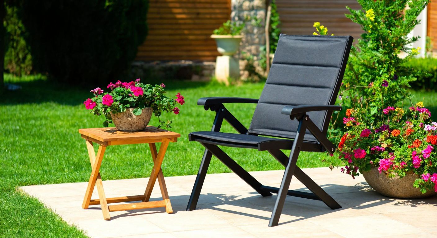 A sturdy, foldable black chair with a modern design sits in a sunny Turkish garden, surrounded by vibrant flowers and a small wooden table, evoking comfort and practicality.