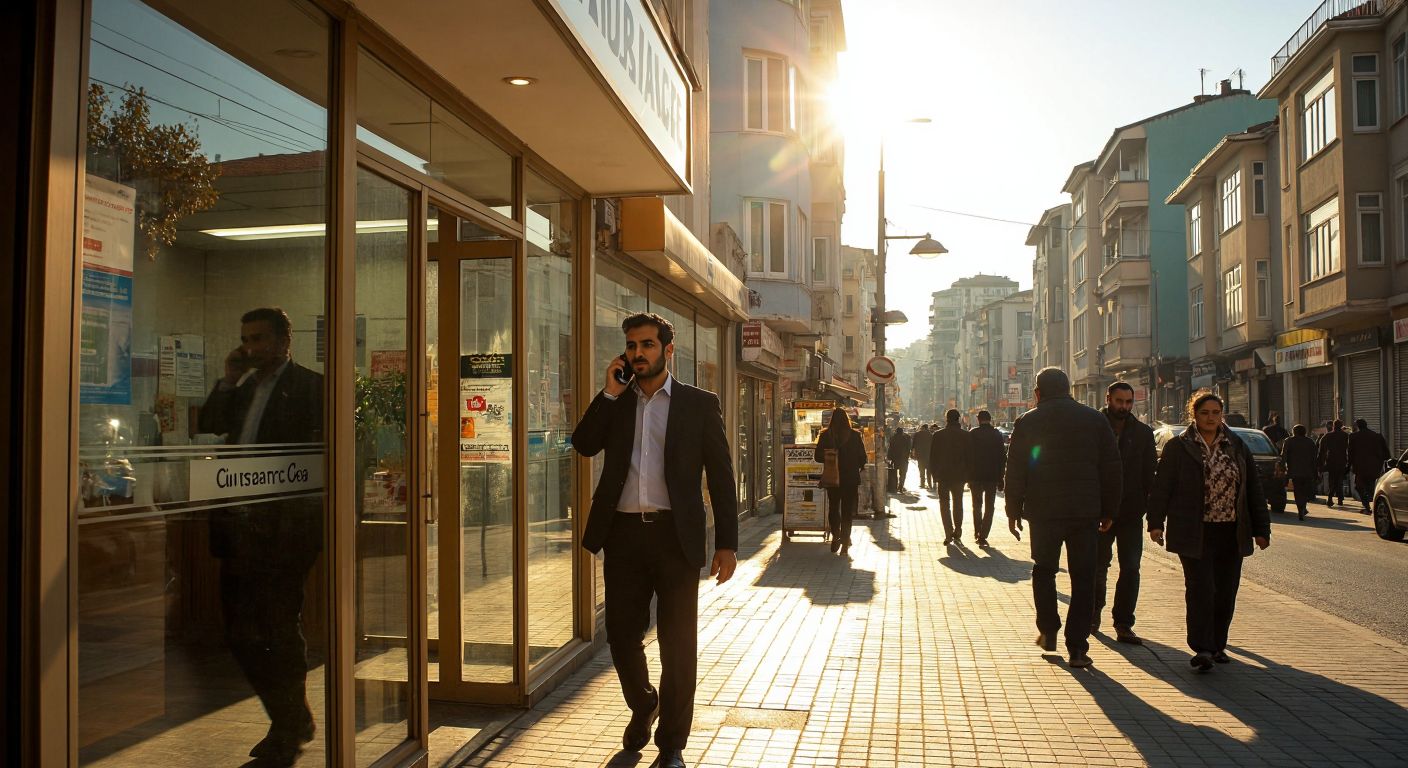 A bustling street in Maltepe, Istanbul, with a small insurance office displaying a signless glass door, a man in a suit inside speaking on a landline phone, and pedestrians walking past under a bright sun.