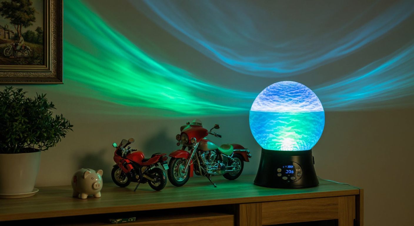 A warm Turkish living room with a glowing ocean-wave projector lamp casting blue and green ripples on the walls, surrounded by handmade motorcycle figurines and a digital piggybank on a wooden shelf.