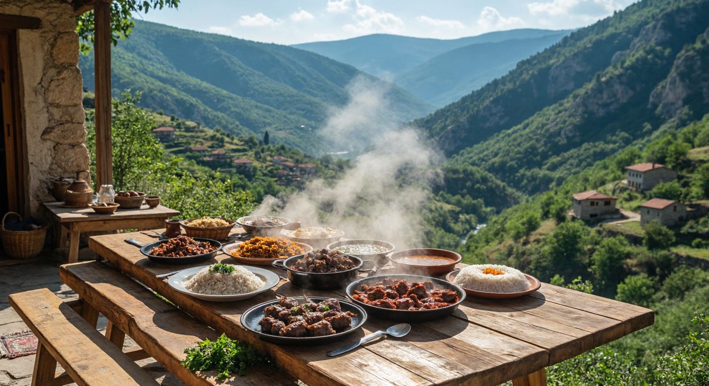 A rustic wooden table in a sunlit village setting, laden with steaming plates of Banduma, Kuyu Kebabı, and Ekşili Pilav, surrounded by lush green hills and a distant view of Valla Kanyonu.