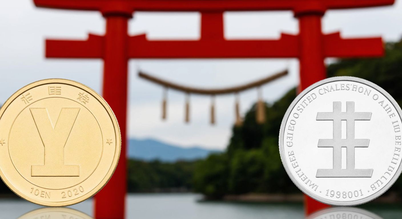 A split image showing a golden Japanese yen coin on one side and a generic silver currency symbol on the other, with a traditional red Japanese torii gate subtly blurred in the background.
