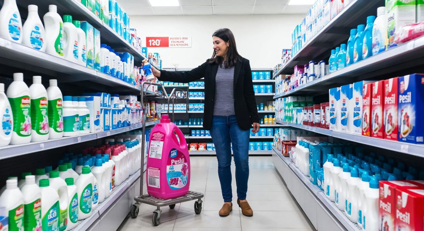 A bright, neatly organized A101 supermarket aisle in Turkey, with shelves stocked full of Persil detergent bottles and boxes in various sizes, a cheerful Turkish shopper in casual clothing reaching for a large pink Persil Power Gel bottle.