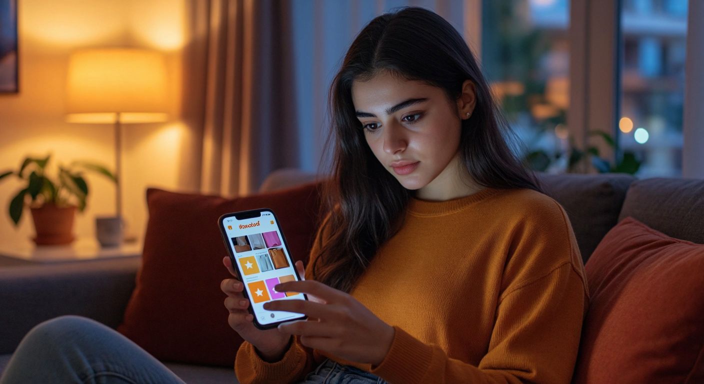 A young Turkish woman in a cozy home setting, intently scrolling through a smartphone screen displaying a Trendyol product page with colorful product images and star ratings, her expression curious and focused.