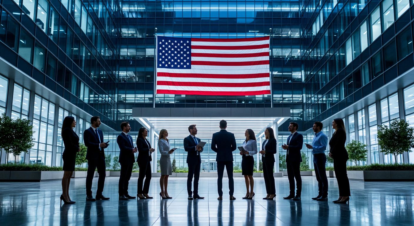 A sleek, modern office building with a glowing American flag in the foreground, surrounded by diverse professionals in business attire discussing marketing strategies.