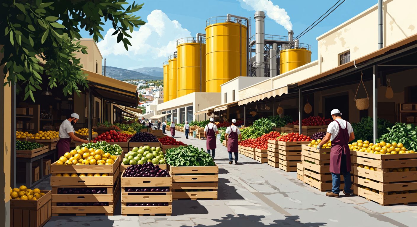 A bustling Greek marketplace with stacked crates of fresh produce, olive oil bottles with golden liquid, and workers in aprons loading goods, while in the background, a factory with large chemical tanks represents industrial production.