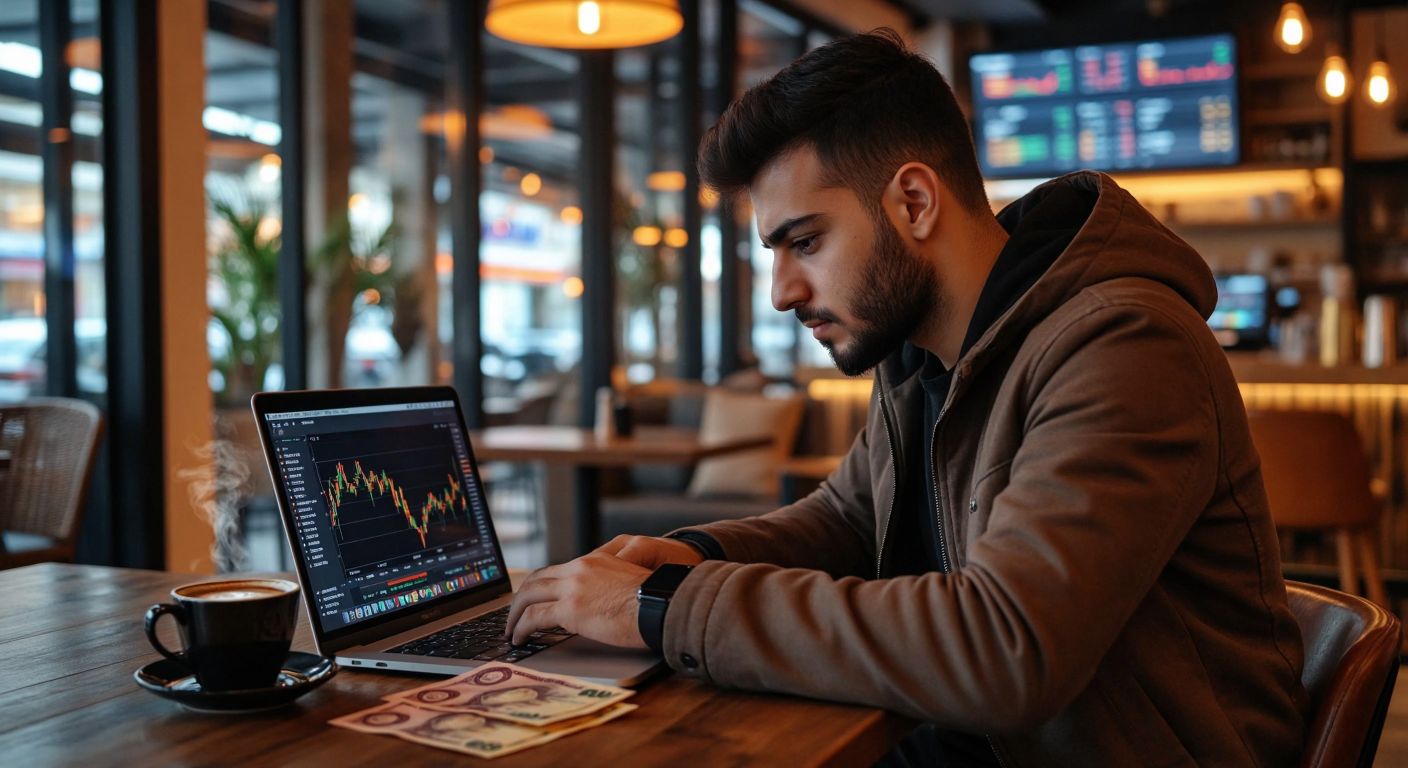 A young Turkish trader in a modern café intently studies a laptop screen displaying colorful cryptocurrency charts, with a steaming cup of Turkish coffee and a small stack of Turkish Lira banknotes beside the keyboard.