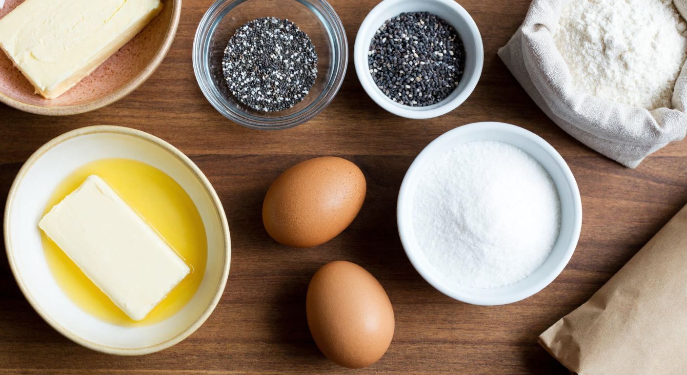 A rustic wooden table in a Turkish kitchen holds neatly arranged ingredients for poppy seed cookies: soft butter in a ceramic dish, a small bowl of blue poppy seeds, a cracked egg, powdered sugar in a glass cup, and a sack of flour beside a measuring spoon.