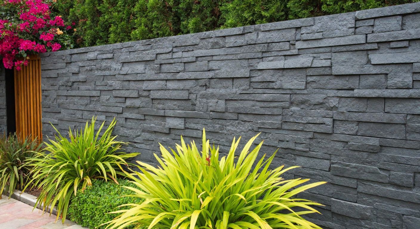 A textured, dark gray lava stone wall with a rustic finish, partially covering a traditional Turkish garden wall surrounded by lush greenery and vibrant flowers.