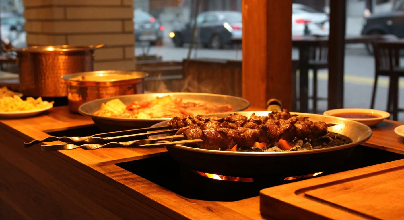 A cozy Turkish ocakbaşı restaurant in Üsküdar, with sizzling skewers of meat over glowing embers, wooden tables, and warm lighting reflecting off traditional copper trays.