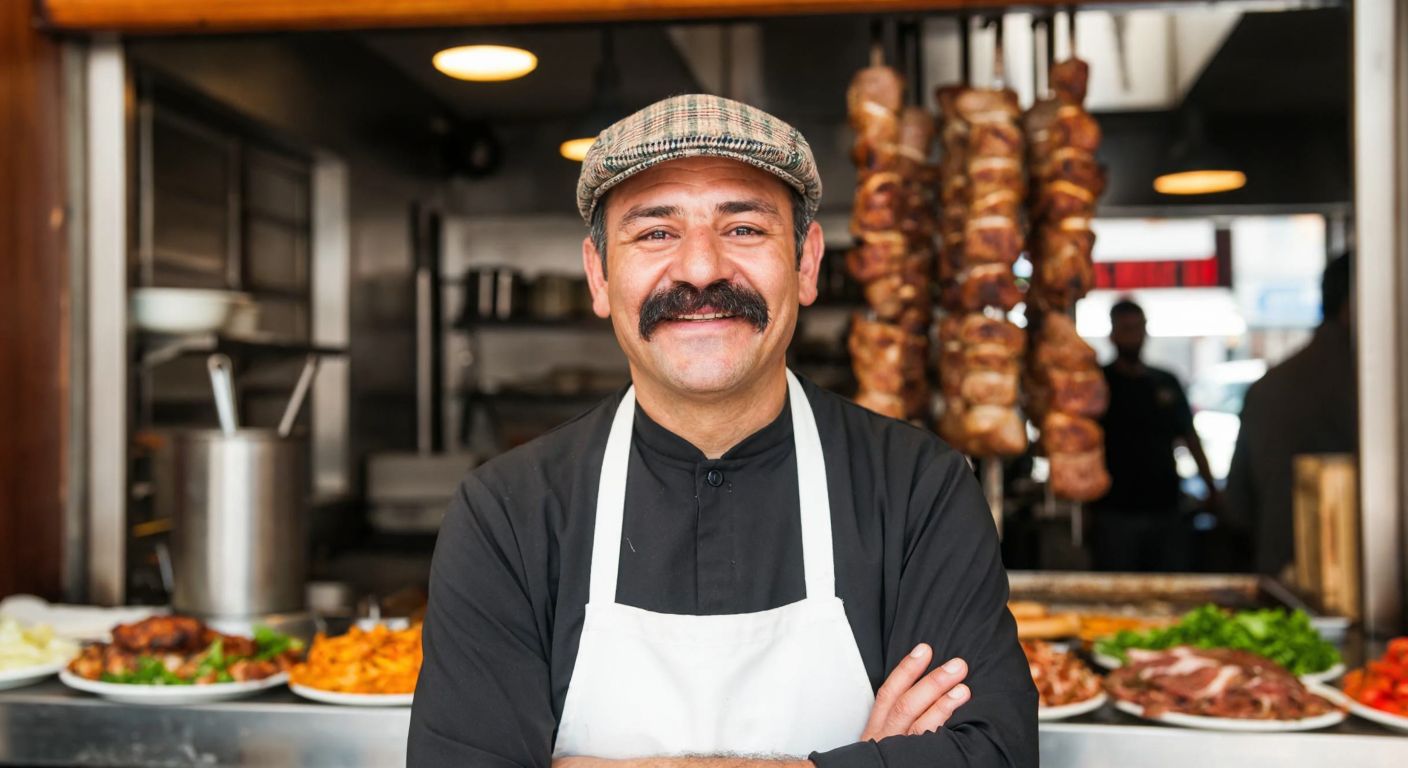 A smiling middle-aged man with a thick mustache, wearing a white apron and a traditional Urfa-style flat cap, stands proudly in front of a sizzling vertical kebab grill in a bustling Turkish restaurant.