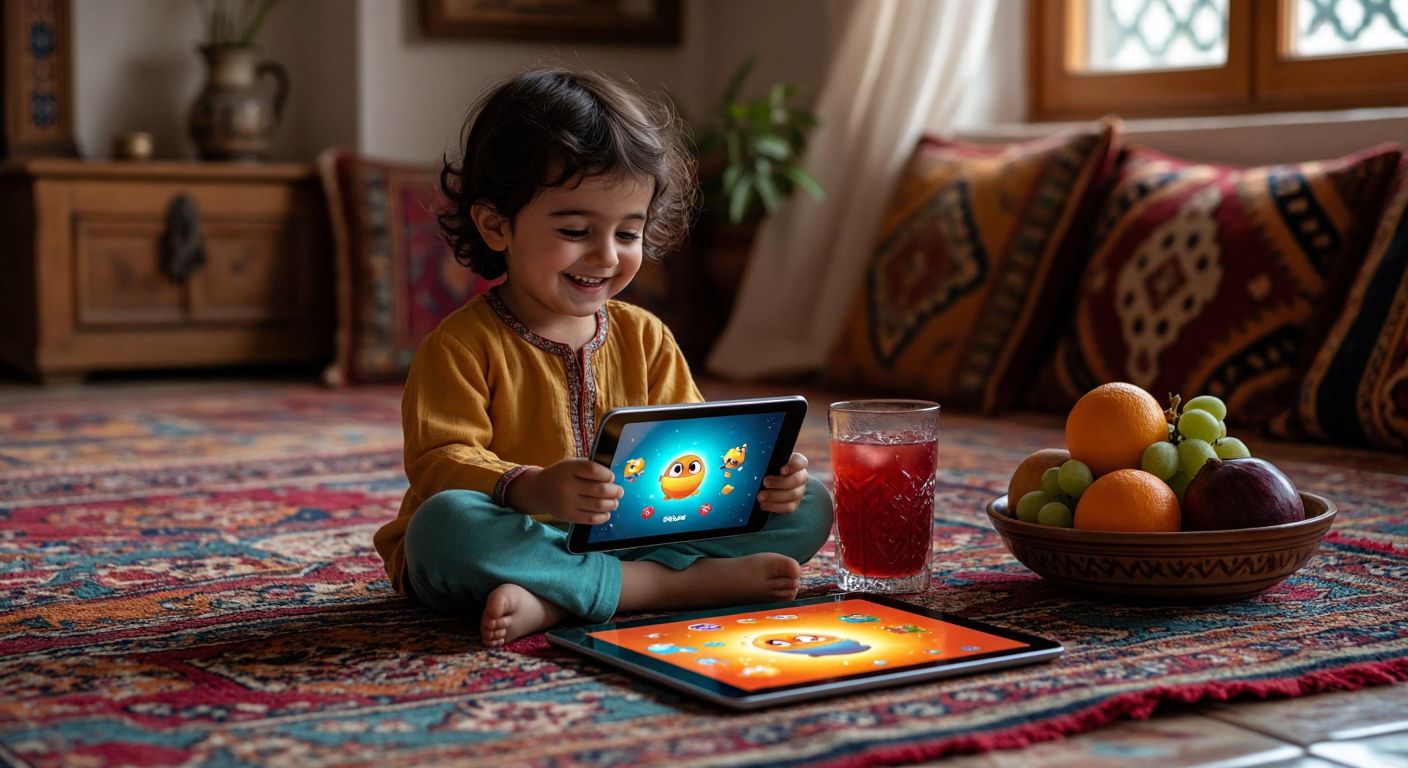 A cheerful Turkish child sitting cross-legged on a colorful rug, smiling at a glowing tablet displaying playful animations, with a bowl of fresh fruit and a glass of şerbet nearby.