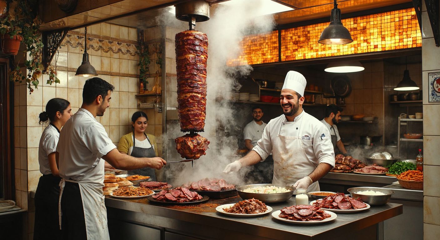 A bustling Turkish döner shop with a large vertical rotisserie, steam rising from freshly sliced meat, and a smiling chef in a white apron shaking his head politely to indicate no alcohol is served, while customers enjoy plates of döner with fresh bread and ayran in a warmly lit, tiled interior.