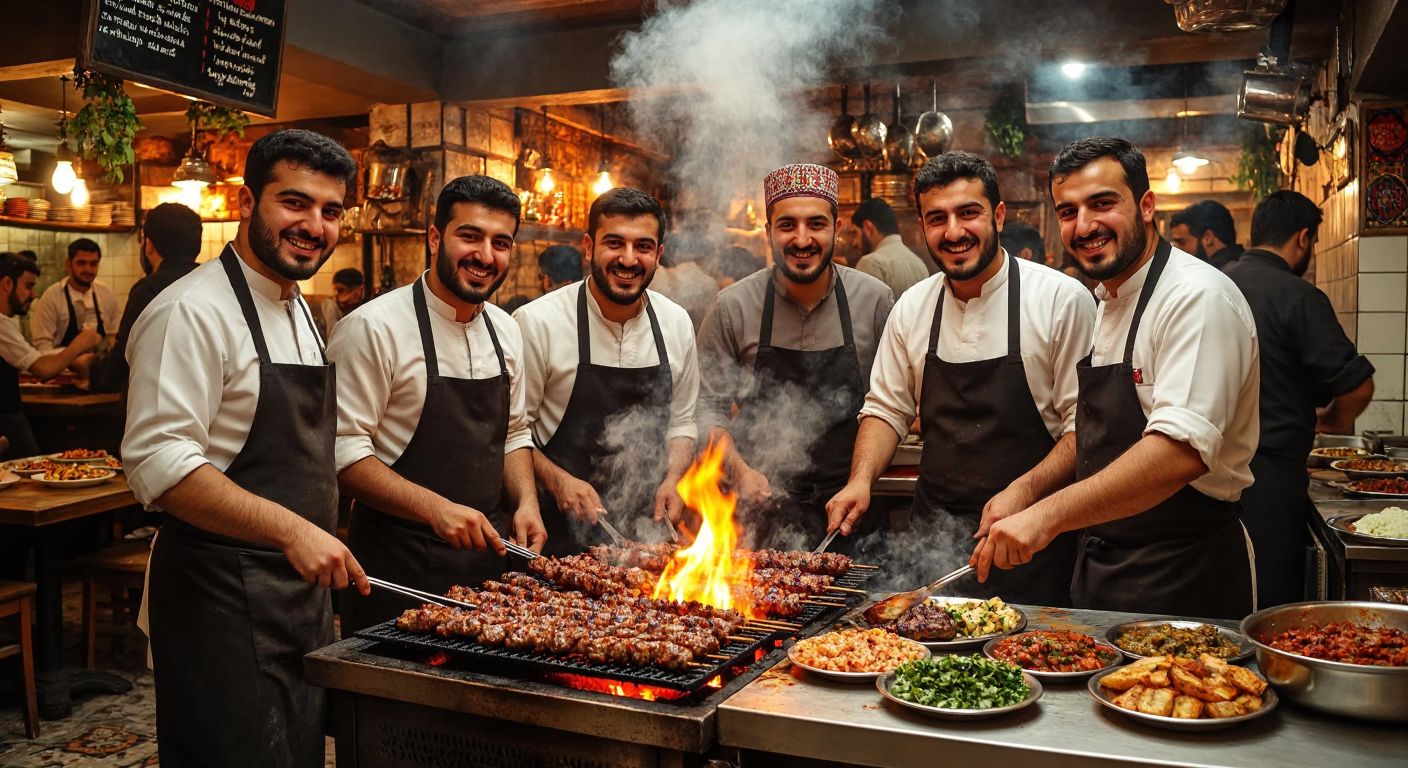A bustling Istanbul kebab restaurant with six smiling brothers in traditional Diyarbakır attire grilling succulent kebabs over an open flame, surrounded by steaming plates of food and eager customers.